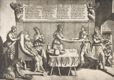 Vénérable Paresse, Reine de Cocagne, une femme grosse assise sur une chaise de toilette mobile - Nicolo Nelli