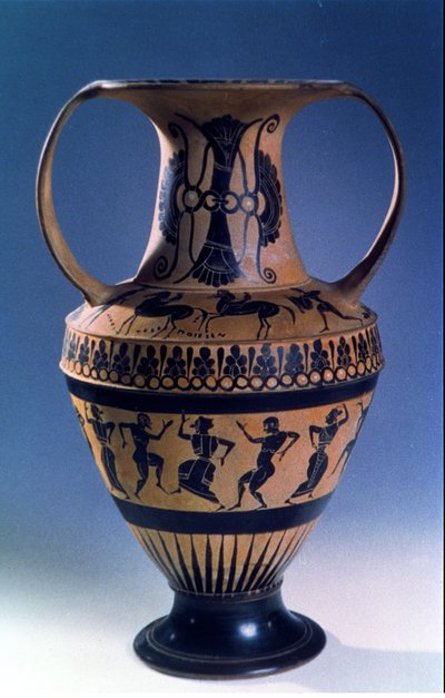 Amphore attique à figures noires représentant des danseurs, vers 535-38 av. J.-C. - Nicosthenes