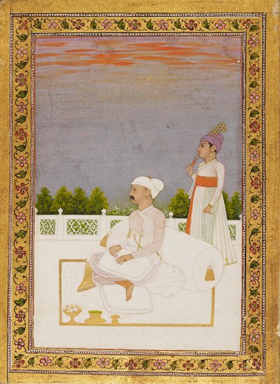 Noble, possiblement Mir Qasim, assis sur une terrasse avec un assistant, 18e siècle - Nidhama