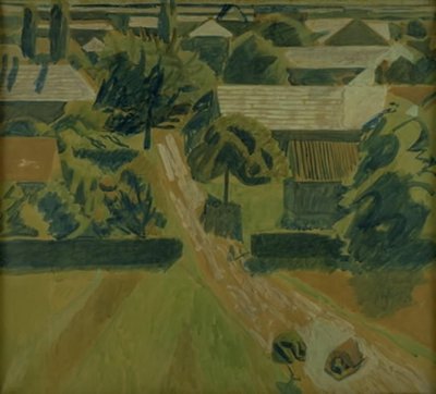 Paysage avec maisons et une route, où deux personnes sont allongées face contre terre - Niels Larsen Stevns