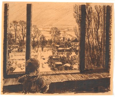 Un garçon à une fenêtre avec vue sur le jardin et le champ - Niels Skovgaard