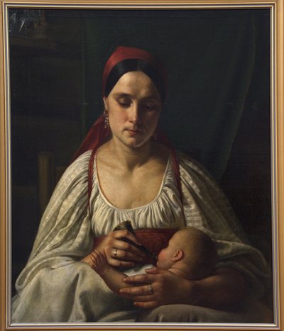 Paysanne russe nourrissant son bébé avec une corne de vache - Nikifor Stepanovich Krylov