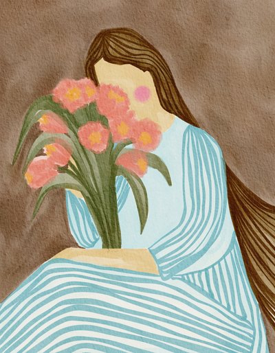 Une femme timide et des tulipes roses - Nikita Jariwala