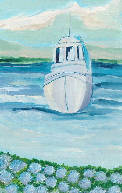 Bateau blanc, hortensias bleus - Nikita Jariwala