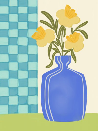 Fleurs jaunes dans un vase bleu - Nikita Jariwala