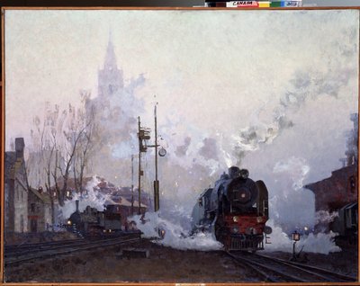 Sur la route. Les locomotives à vapeur noient le paysage urbain dans la fumée de leurs cheminées. Peinture de Nikolai Dmitryevich Kuznetsov (1923-1974), huile sur toile - Nikolai Dmitrievich Kuznetsov