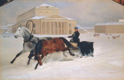 Traîneau à cheval devant le Théâtre Bolchoï à Moscou - Nikolai Jegorowitsch Swertschkow