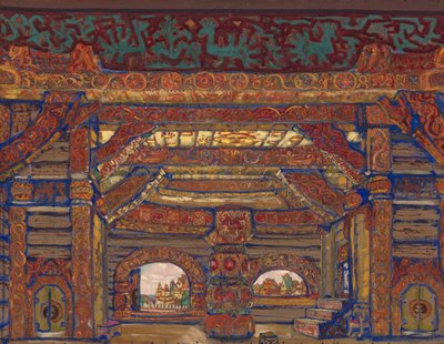Le Palais du Tsar Berendey. Décor de scène pour la pièce de théâtre La Demoiselle des neiges par A. Ostrovsky, 1912 - Nikolai Konstantinowitsch Roerich