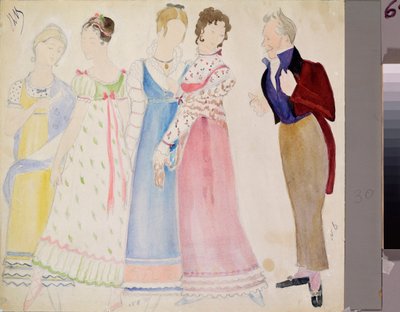 Costumes préparatoires, un homme et quatre jeunes femmes, pour l
