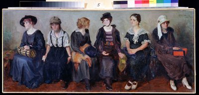 Troupe de théâtre. Portraits de six jeunes femmes assises les unes à côté des autres, aux expressions variées. Peinture de Nikolai Alexeyevich Kasatkin (Kasatkine) (1859-1930) - Nikolaj Alekseevich Kasatkin
