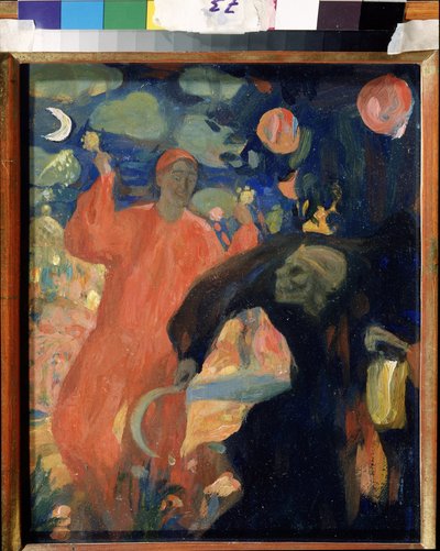 En mémoire de Nikolai Sapunov (1880-1912). La mort personnifiée se courbe et fuit devant une figure souriante de la vie, agitant des maracas. Œuvre de Nicolas Dimitrievich Millioti (1874-1962), huile sur carton - Nikolaj Nikolaevic Sapunov