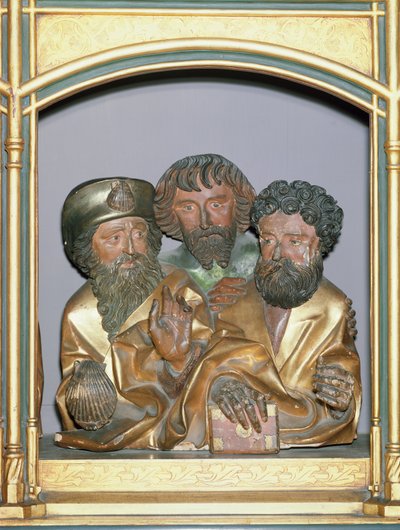 Sculptures en bois de Saint Jacques le Majeur, Saint Simon et Saint Thaddée, du prédelle du Retable d