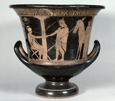 Cratère en calice à figures rouges attiques représentant un hoplite revenant de la guerre - Niobid Painter