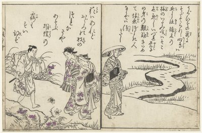 Promeneurs dans un paysage avec des fleurs - Nishikawa Sukenobu (attributed to)