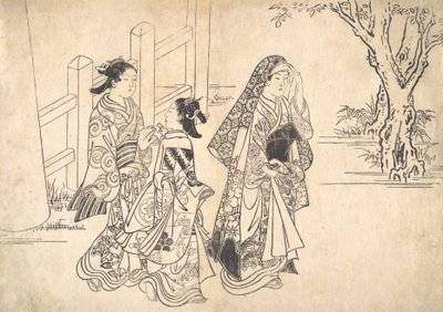 Une courtisane suivie de deux jeunes servantes - Nishikawa Sukenobu