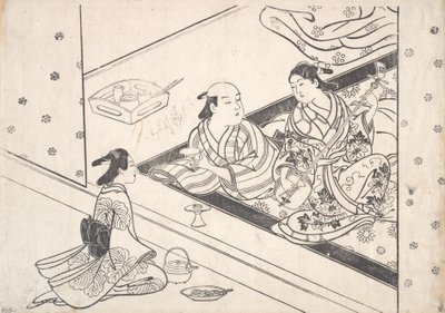 Dame jouant du shamisen, avec son amant et une servante à proximité - Nishikawa Sukenobu