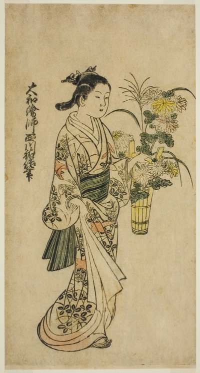Jeune fille portant une composition florale - Nishikawa Sukenobu