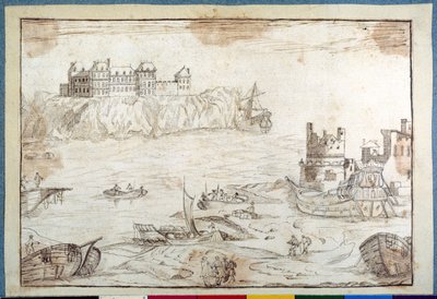Un château surmontant des falaises, avec des études de galions et de bateaux de pêche - Noel Gasselin