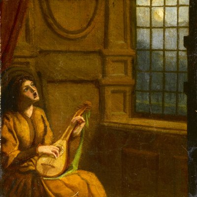 Jeune fille jouant du luth près de la fenêtre, vers 1920 - Noel Rooke