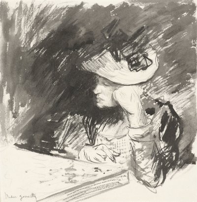 Dame avec chapeau de paille assise pensivement à une table - Norbert Goeneutte