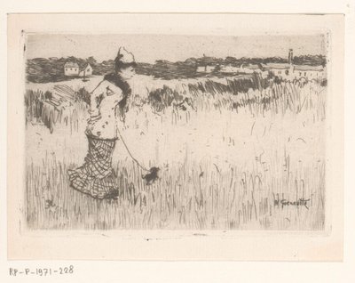 Dame marchant avec un chien dans un paysage - Norbert Goeneutte