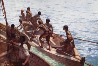Les garçons Copra en route vers le rivage, Nouvelles-Hébrides (lithographie en couleur) - Norman Hardy