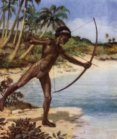 Archer indigène pêchant, Îles Salomon britanniques (lithographie en couleur) - Norman Hardy