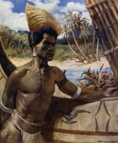 Indigène de Nouvelle-Géorgie portant un parasol ; une sorte de chapeau sans couronne fait de graminées, il peut être porté à n