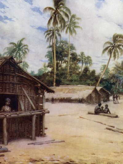 Village des Îles Salomon, près de Marau Sound, Nouvelle-Floride (lithographie en couleur) - Norman Hardy