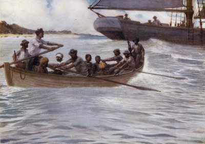 Les "Blackbirders" dans les Îles Salomon (lithographie en couleur) - Norman Hardy