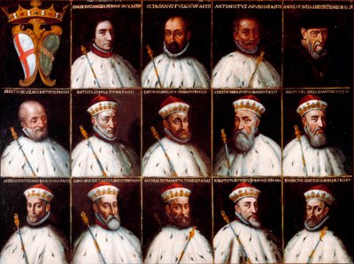 Armoiries de la République de Gênes et portraits des Doges - Simone Boccanegra, Ottaviano Fregoso et Antoniotto II Adorno; Andrea Doria. Oberto Cattaneo Lazzari, Battista Spinola, Battista Lomellini, Cristoforo Grilaldi Rosso, Giovanni Battista Doria - Northern Italian School
