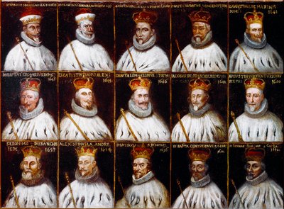 Blason de la République de Gênes et portraits des Doges. Giovanni Stefano Doria, Francesco Gio. Brignole Sale, Agostino Pallavicini, Giov.Battista Durazzo, Agostino Giovanni De Marini, Giovan Battista Lercari, Luca Giustiniani, Giovanni Battista L - Northern Italian School