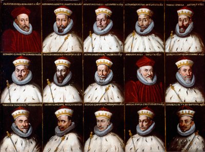 Armoiries de la République de Gênes et portraits des Doges. Silvestro Invrea, Gerolamo Assereto, Agostino Pinello Luciani, Alessandro Giustiniani Longo, Tomaso Spinola, Clavarezza Bernardo, Giovanni Giacomo Imperiale (Tartaro), Pietro Durazzo, Ambrogio - Northern Italian School