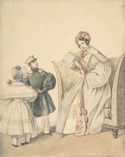 Dessin de mode avec une femme assise sur une chaise avec un garçon et une fille - Numa Bassaget