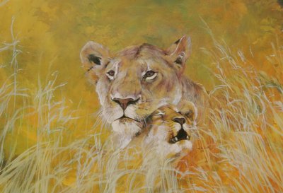 Mother and Baby I (Lions) 1995 (encres, acryliques et crayons sur papier) - Odile Kidd
