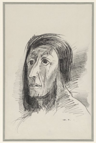 Tête encadrée de cheveux noirs avec des yeux grands ouverts - Odilon Redon