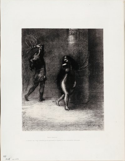 Saint Antoine : « Sous ses longs cheveux, qui couvraient son visage, je pensais reconnaître Ammonaria », planche 1 de 6 - Odilon Redon