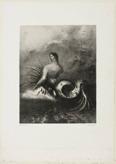 Sirène sortant des vagues, vêtue de flammes, planche 4 de 8 de "Les Origines" - Odilon Redon