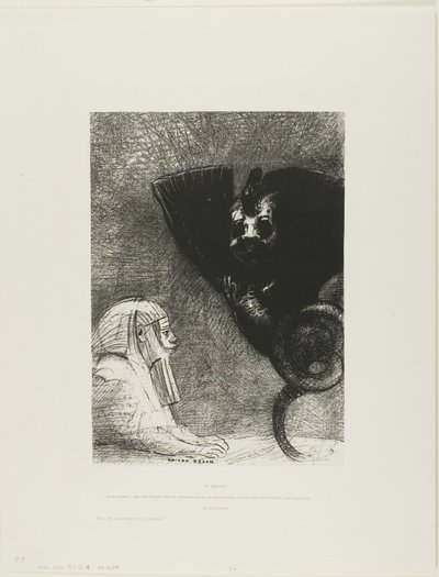 Le Sphinx : "...mon regard que rien ne peut détourner, traversant les objets, reste fixé sur un horizon inaccessible." La Chimère : "Quant à moi, je suis légère et joyeuse," planche 5 de À Gustave Flaubert - Odilon Redon