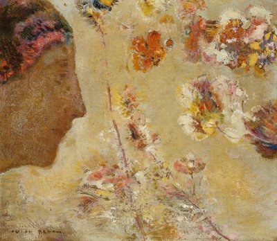 Femme de profil avec papillon et fleurs - Odilon Redon