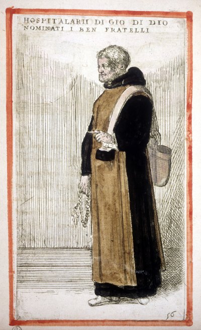 Ordre religieux : les Frères Hospitaliers de Saint Jean de Dieu. Gravure du 16ème siècle. Selon O. Fialetti. - Odoardo Fialetti