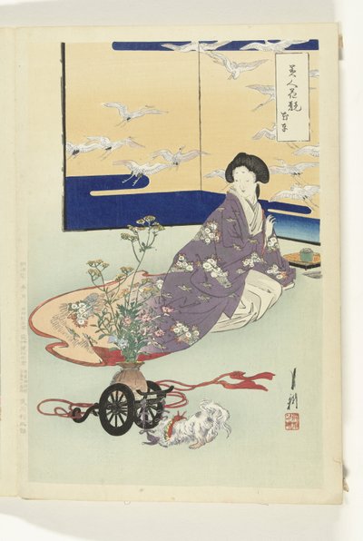 Petit chien jouant avec un chariot de fleurs - Ogata Gekko