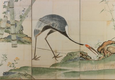 Grues, pins et bambous, 17ème siècle, paire de paravents pliants - Ogata Korin
