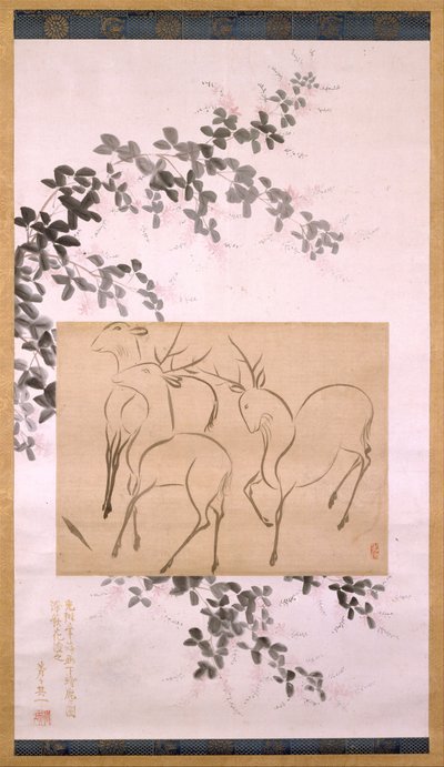 Dessin préliminaire de trois cerfs montés sur un rouleau suspendu - Ogata Korin