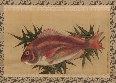 Dorade rouge (Tai) sur des feuilles de bambou, rouleau suspendu, XVIIIe siècle - Ogawa Ritsuo Ogawa Ritsuo