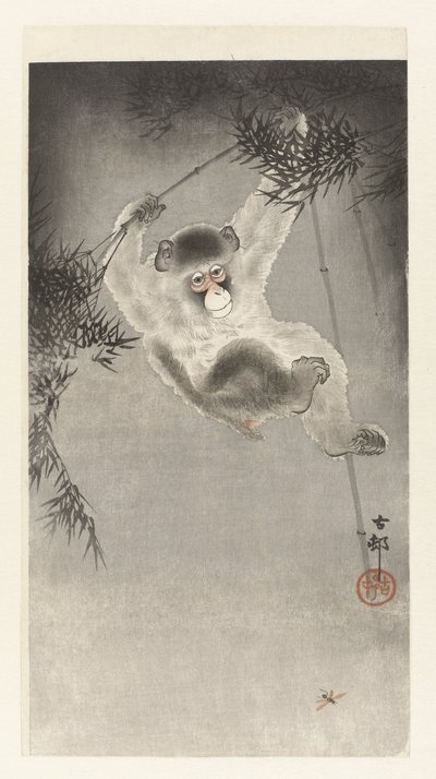 Singe suspendu à une branche de bambou - Ohara Koson