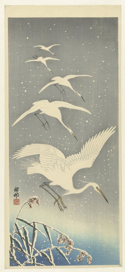 Aigrettes descendant dans la neige - Ohara Koson