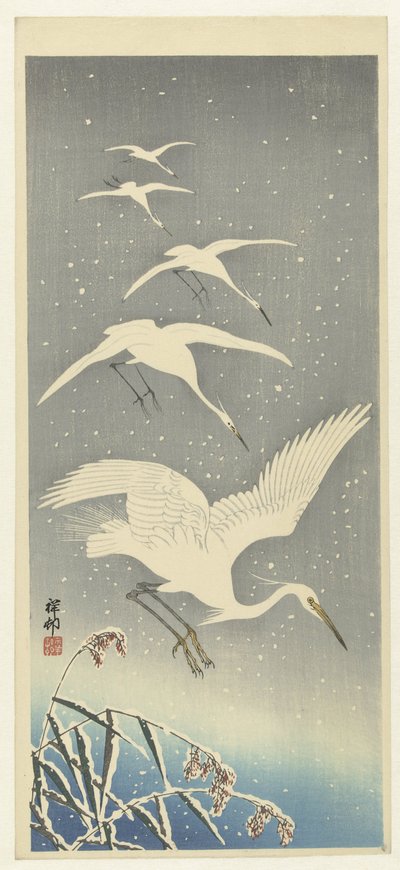 Hérons descendant dans la neige - Ohara Koson