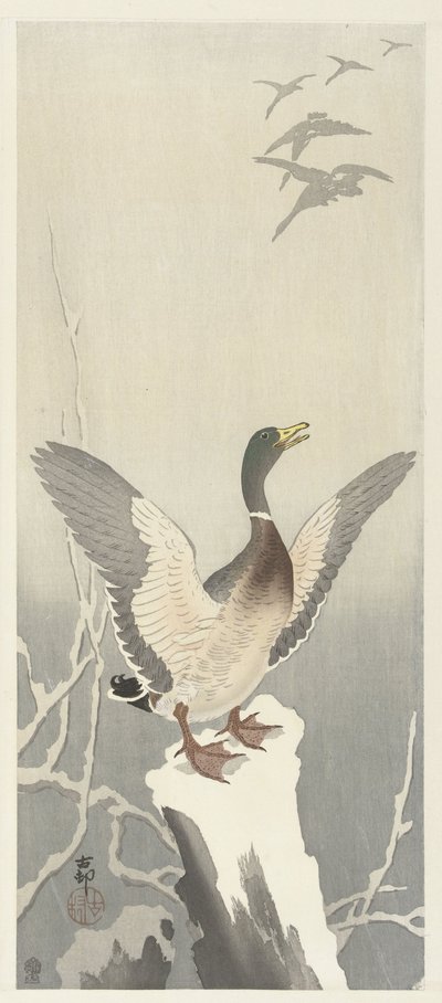 Canard sur une souche enneigée - Ohara Koson