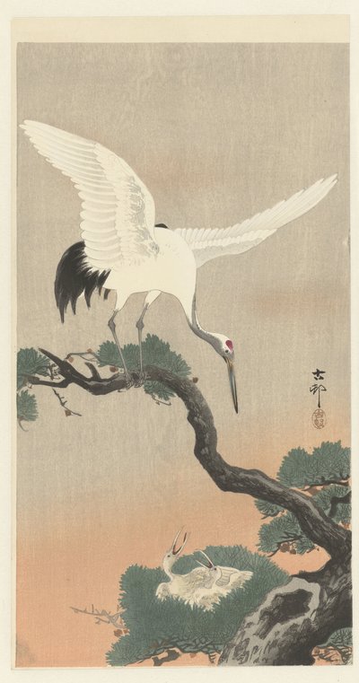 Grue japonaise sur une branche de pin - Ohara Koson